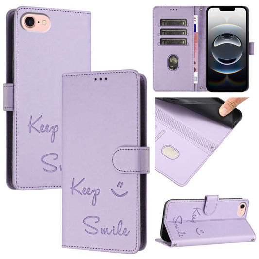 For iPhone 16e Smile Embossing RFID Leather Phone Case(Light Purple) - iPhone 16e Cases by PMC Jewellery | Online Shopping South Africa | PMC Jewellery | Buy Now Pay Later Mobicred