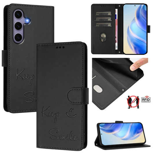 For Samsung Galaxy S25 5G Smile Embossing RFID Leather Phone Case(Black) - Galaxy S25 5G Cases by PMC Jewellery | Online Shopping South Africa | PMC Jewellery | Buy Now Pay Later Mobicred