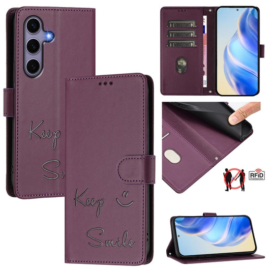 For Samsung Galaxy S25 5G Smile Embossing RFID Leather Phone Case(Violet) - Galaxy S25 5G Cases by PMC Jewellery | Online Shopping South Africa | PMC Jewellery | Buy Now Pay Later Mobicred