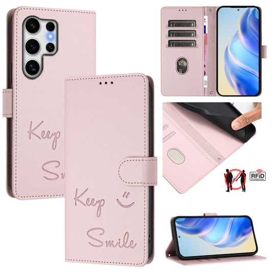 For Samsung Galaxy S25 Ultra 5G Smile Embossing RFID Leather Phone Case(Pink) - Galaxy S25 Ultra 5G Cases by PMC Jewellery | Online Shopping South Africa | PMC Jewellery | Buy Now Pay Later Mobicred