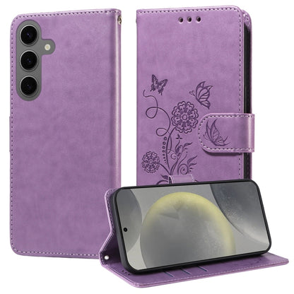 For Samsung Galaxy S25 5G Embossed Butterfly Flowers Leather Phone Case(Purple) - Galaxy S25 5G Cases by PMC Jewellery | Online Shopping South Africa | PMC Jewellery | Buy Now Pay Later Mobicred