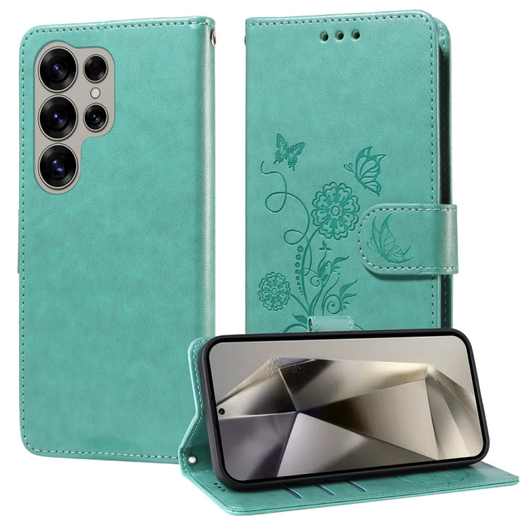 For Samsung Galaxy S25 Ultra 5G Embossed Butterfly Flowers Leather Phone Case(Green) - Galaxy S25 Ultra 5G Cases by PMC Jewellery | Online Shopping South Africa | PMC Jewellery | Buy Now Pay Later Mobicred