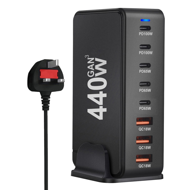 440W GaN USB Power Adapter Travel Charger with 3 x USB, 5 x PD Port, Plug:UK Plug(Black) - Multifunction Charger by PMC Jewellery | Online Shopping South Africa | PMC Jewellery | Buy Now Pay Later Mobicred