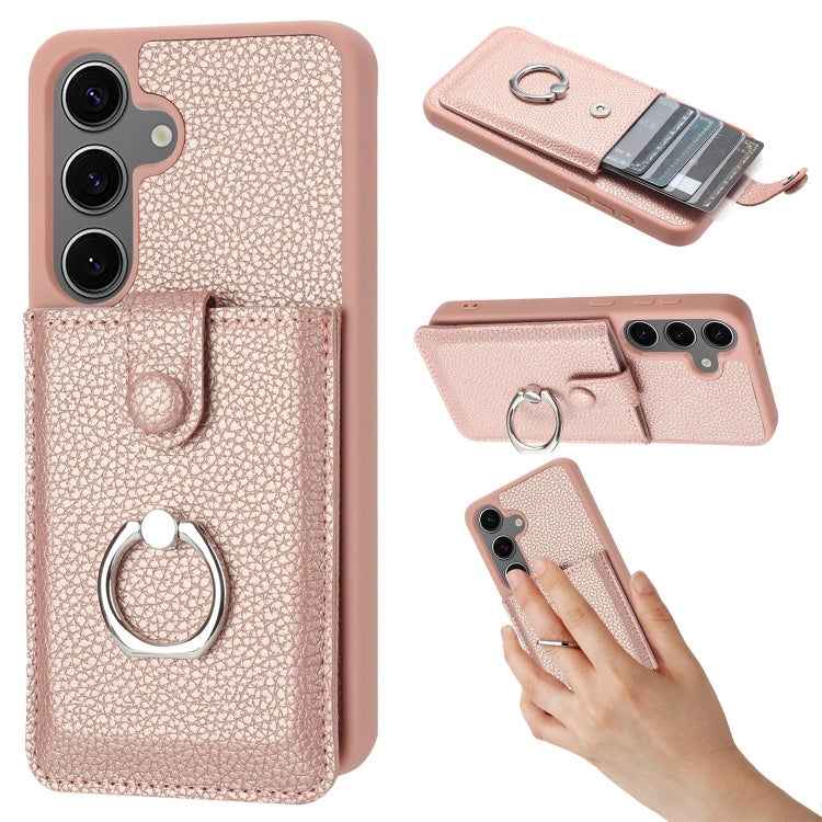 For Samsung Galaxy S25 5G Litchi Texture Drawing Card Bag Ring Holder Phone Case(Rose Gold) - Galaxy S25 5G Cases by PMC Jewellery | Online Shopping South Africa | PMC Jewellery | Buy Now Pay Later Mobicred