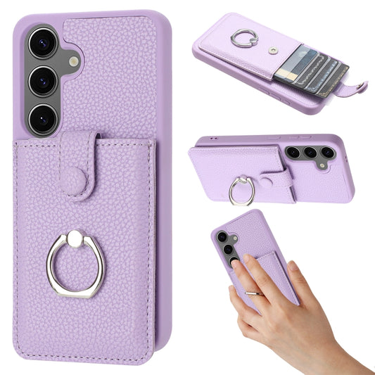 For Samsung Galaxy S25 5G Litchi Texture Drawing Card Bag Ring Holder Phone Case(Purple) - Galaxy S25 5G Cases by PMC Jewellery | Online Shopping South Africa | PMC Jewellery | Buy Now Pay Later Mobicred