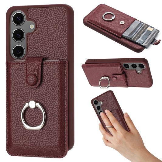 For Samsung Galaxy S25+ 5G Litchi Texture Drawing Card Bag Ring Holder Phone Case(Wine Red) - Galaxy S25+ 5G Cases by PMC Jewellery | Online Shopping South Africa | PMC Jewellery | Buy Now Pay Later Mobicred