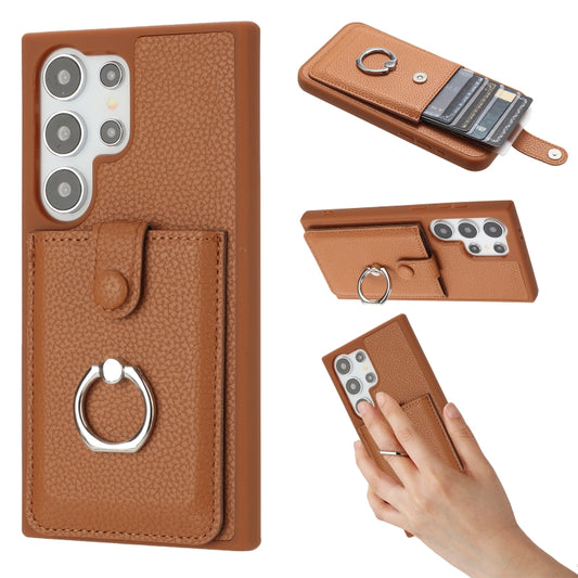 For Samsung Galaxy S25 Ultra 5G Litchi Texture Drawing Card Bag Ring Holder Phone Case(Brown) - Galaxy S25 Ultra 5G Cases by PMC Jewellery | Online Shopping South Africa | PMC Jewellery | Buy Now Pay Later Mobicred