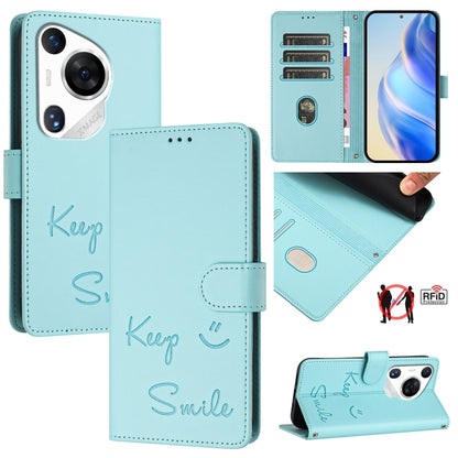 For Huawei Pura 70 Pro Smile Embossing RFID Leather Phone Case(Mint Green) - Huawei Cases by PMC Jewellery | Online Shopping South Africa | PMC Jewellery | Buy Now Pay Later Mobicred