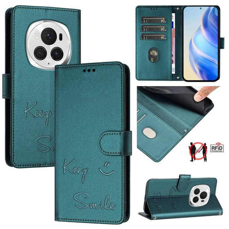 For Honor Magic6 Pro 5G Global Smile Embossing RFID Leather Phone Case(Peacock Green) - Honor Cases by PMC Jewellery | Online Shopping South Africa | PMC Jewellery | Buy Now Pay Later Mobicred