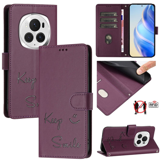 For Honor Magic6 Pro 5G Global Smile Embossing RFID Leather Phone Case(Violet) - Honor Cases by PMC Jewellery | Online Shopping South Africa | PMC Jewellery | Buy Now Pay Later Mobicred