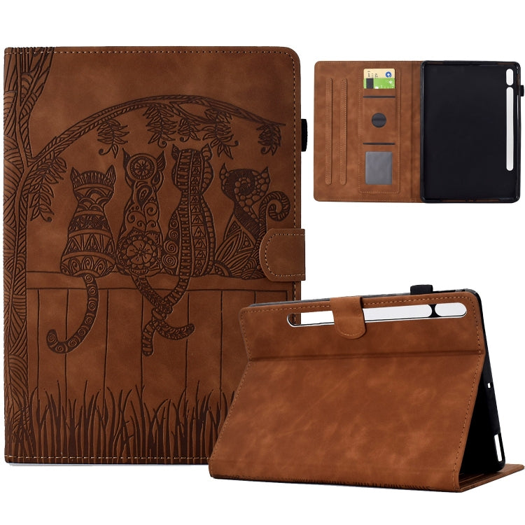 For Samsung Galaxy Tab S9 / S9 FE Cats Embossed Leather Smart Tablet Case(Brown) - Galaxy Tab S9 Cases by PMC Jewellery | Online Shopping South Africa | PMC Jewellery | Buy Now Pay Later Mobicred