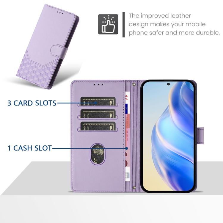 For iPhone 16e Honeycomb Embossing RFID Leather Phone Case(Light Purple) - iPhone 16e Cases by PMC TechLife | Online Shopping South Africa | PMC TechLife | Buy Now Pay Later Mobicred