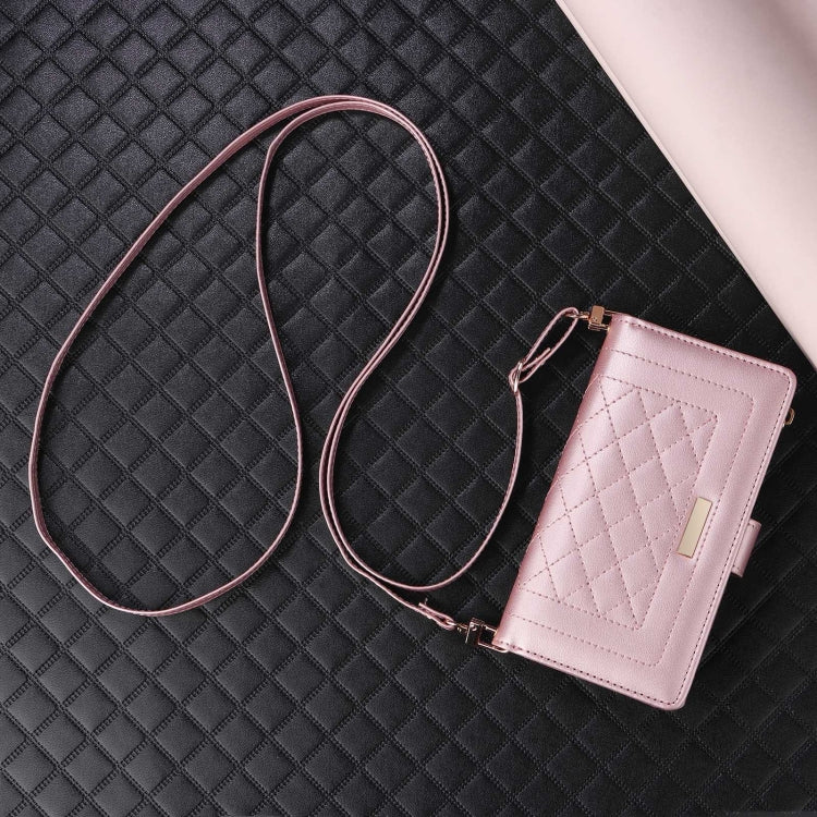 For iPhone 16 Pro Crossbody Zipper Wallet Rhombus Leather Phone Case(Rose Gold) - iPhone 16 Pro Cases by PMC Jewellery | Online Shopping South Africa | PMC Jewellery | Buy Now Pay Later Mobicred