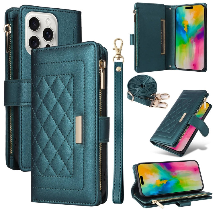 For iPhone 16 Pro Crossbody Zipper Wallet Rhombus Leather Phone Case(Green) - iPhone 16 Pro Cases by PMC Jewellery | Online Shopping South Africa | PMC Jewellery | Buy Now Pay Later Mobicred