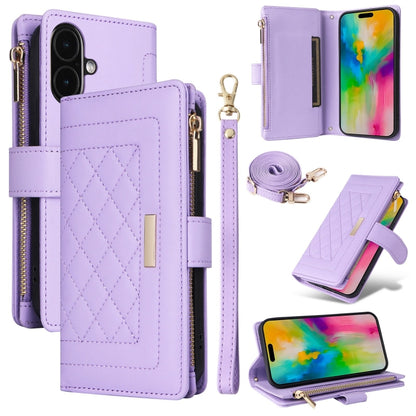 For iPhone 16 Plus Crossbody Zipper Wallet Rhombus Leather Phone Case(Purple) - iPhone 16 Plus Cases by PMC Jewellery | Online Shopping South Africa | PMC Jewellery | Buy Now Pay Later Mobicred