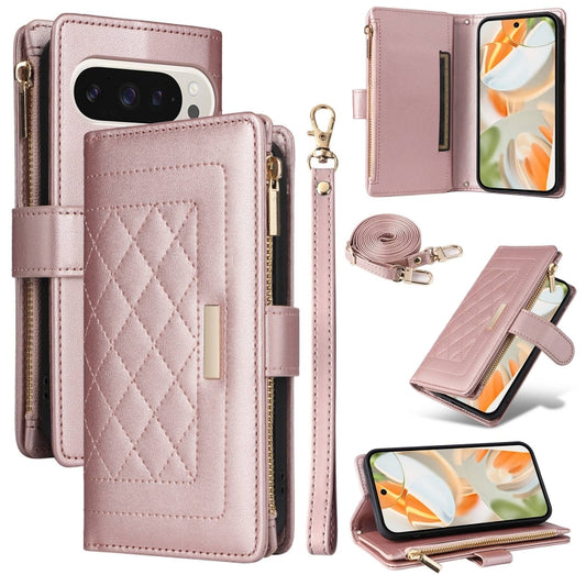 For Google Pixel 9 / 9 Pro Crossbody Zipper Wallet Rhombus Leather Phone Case(Rose Gold) - Google Cases by PMC Jewellery | Online Shopping South Africa | PMC Jewellery | Buy Now Pay Later Mobicred