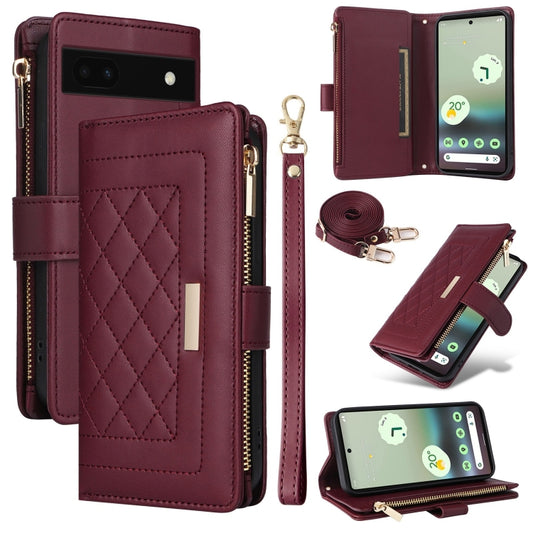 For Google Pixel 6a Crossbody Zipper Wallet Rhombus Leather Phone Case(Wine Red) - Google Cases by PMC Jewellery | Online Shopping South Africa | PMC Jewellery | Buy Now Pay Later Mobicred