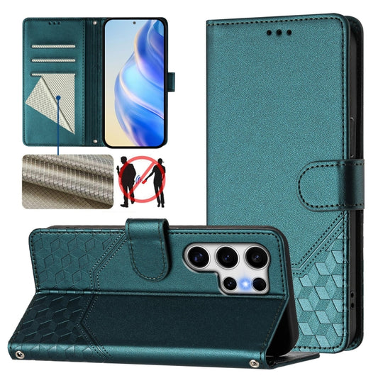 For Samsung Galaxy S25 Ultra 5G Honeycomb Embossing RFID Leather Phone Case(Peacock Green) - Galaxy S25 Ultra 5G Cases by PMC Jewellery | Online Shopping South Africa | PMC Jewellery | Buy Now Pay Later Mobicred