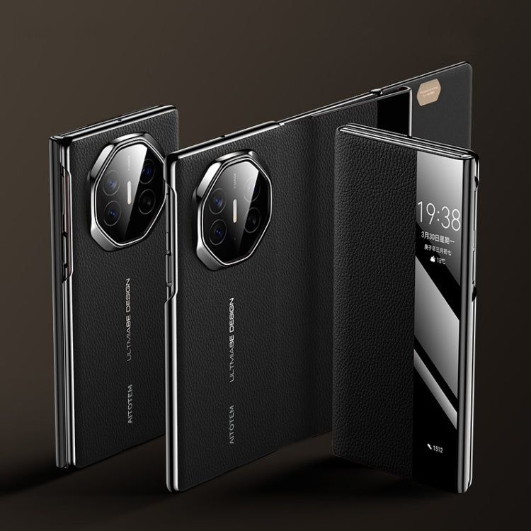 For Huawei Mate XT Ultimate Design View Window Genuine Leather Electroplating Phone Case(Black) - Huawei Cases by PMC TechLife | Online Shopping South Africa | PMC TechLife | Buy Now Pay Later Mobicred