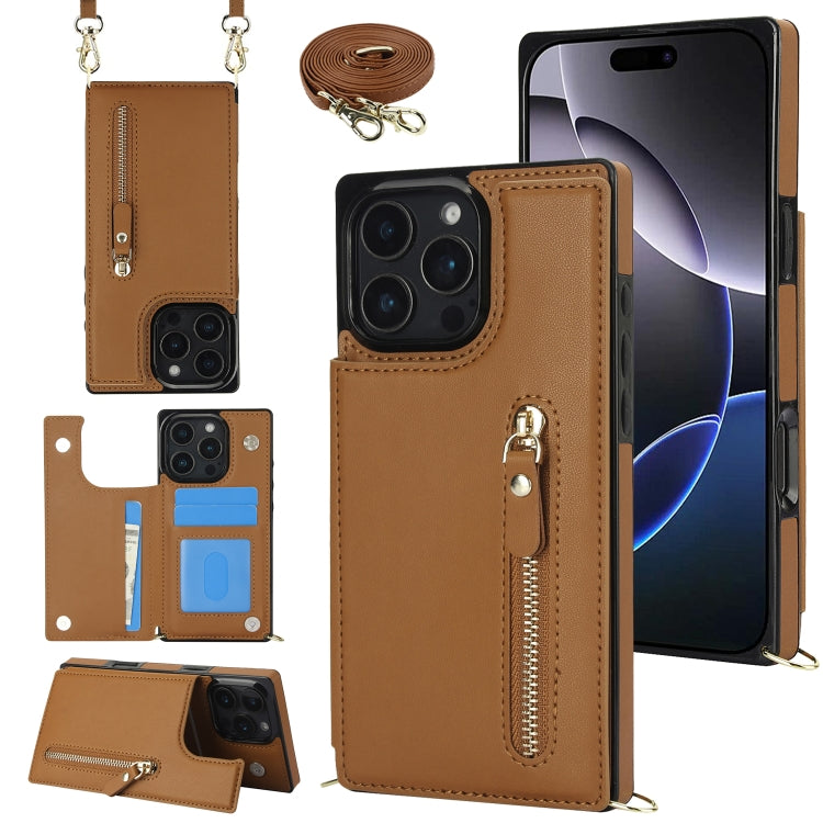 For iPhone 16 Pro Cross-body Zipper Square Phone Case(Brown) - iPhone 16 Pro Cases by PMC Jewellery | Online Shopping South Africa | PMC Jewellery | Buy Now Pay Later Mobicred