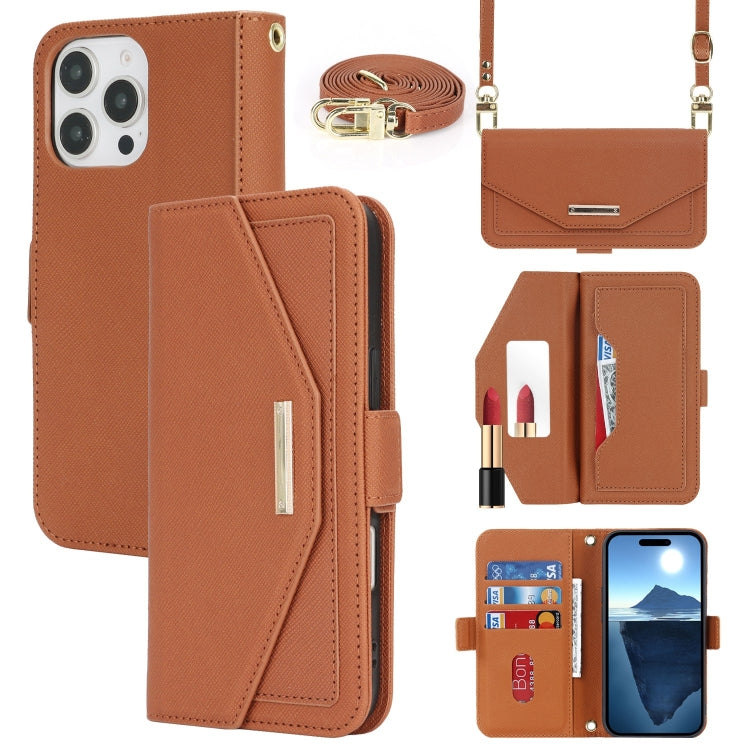 For iPhone 16 Pro Cross Texture Crossbody Lanyard Leather Phone Case(Brown) - iPhone 16 Pro Cases by PMC Jewellery | Online Shopping South Africa | PMC Jewellery | Buy Now Pay Later Mobicred