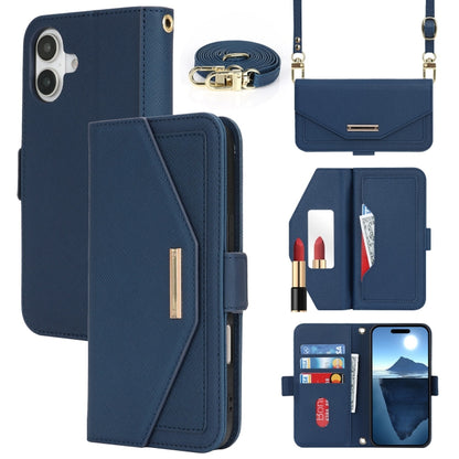 For iPhone 16 Cross Texture Crossbody Lanyard Leather Phone Case(Blue) - iPhone 16 Cases by PMC Jewellery | Online Shopping South Africa | PMC Jewellery | Buy Now Pay Later Mobicred