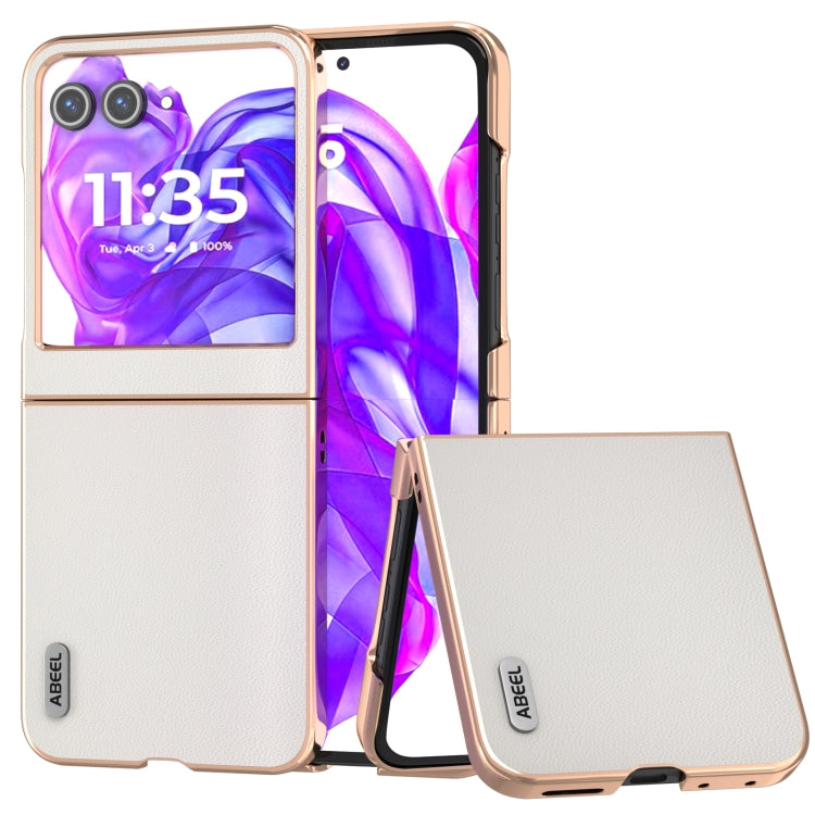 For Motorola Razr 50 ABEEL Electroplated Frame Genuine Leather Elegant Phone Case(White) - Motorola Cases by PMC Jewellery | Online Shopping South Africa | PMC Jewellery | Buy Now Pay Later Mobicred