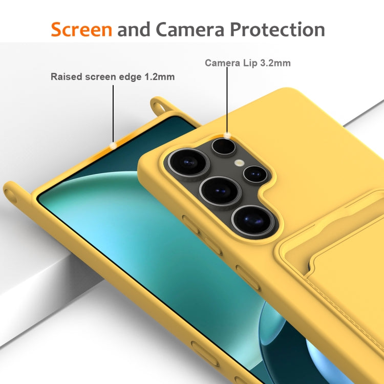 For Samsung Galaxy S25 Ultra 5G Integrated Card Bag Solid Color Liquid Silicone Phone Case with Lanyard(Yellow) - Galaxy S25 Ultra 5G Cases by PMC Jewellery | Online Shopping South Africa | PMC Jewellery | Buy Now Pay Later Mobicred