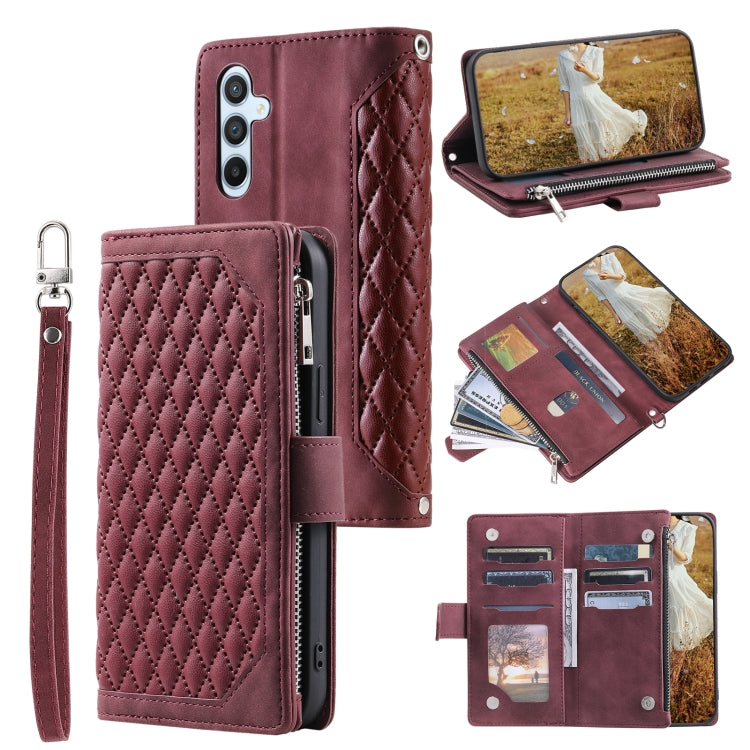For Samsung Galaxy S25+ 5G Grid Texture Zipper Leather Phone Case with Lanyard(Wine Red) - Galaxy S25+ 5G Cases by PMC Jewellery | Online Shopping South Africa | PMC Jewellery | Buy Now Pay Later Mobicred