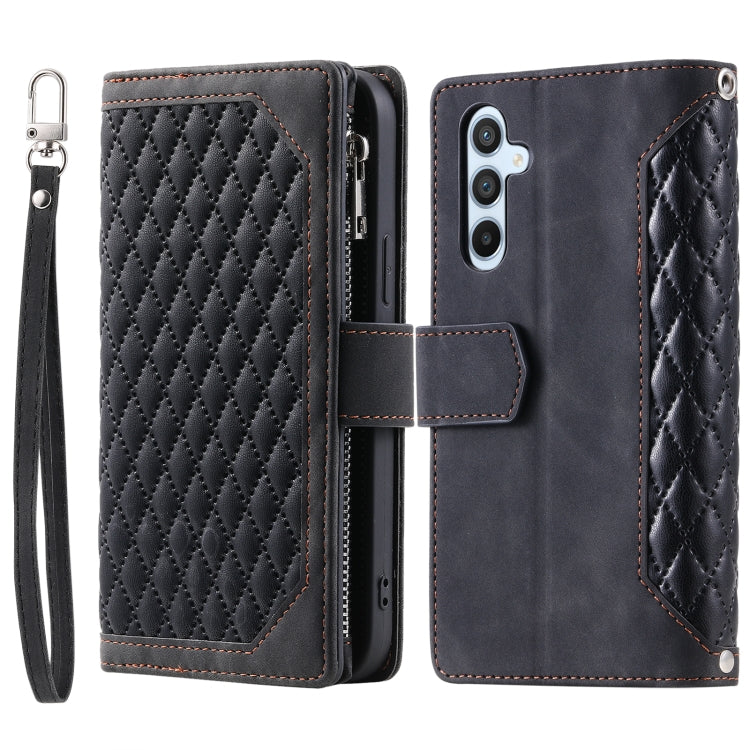 For Samsung Galaxy S25+ 5G Grid Texture Zipper Leather Phone Case with Lanyard(Black) - Galaxy S25+ 5G Cases by PMC Jewellery | Online Shopping South Africa | PMC Jewellery | Buy Now Pay Later Mobicred