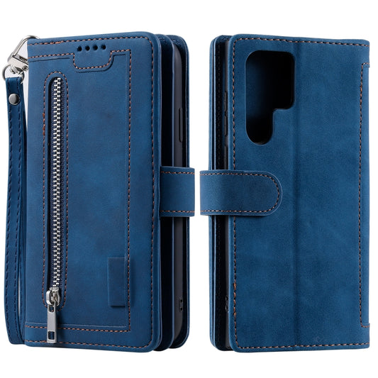 For Samsung Galaxy S25 Ultra 5G Nine Card Zipper Bag Leather Phone Case with Lanyard(Blue) - Galaxy S25 Ultra 5G Cases by PMC Jewellery | Online Shopping South Africa | PMC Jewellery | Buy Now Pay Later Mobicred