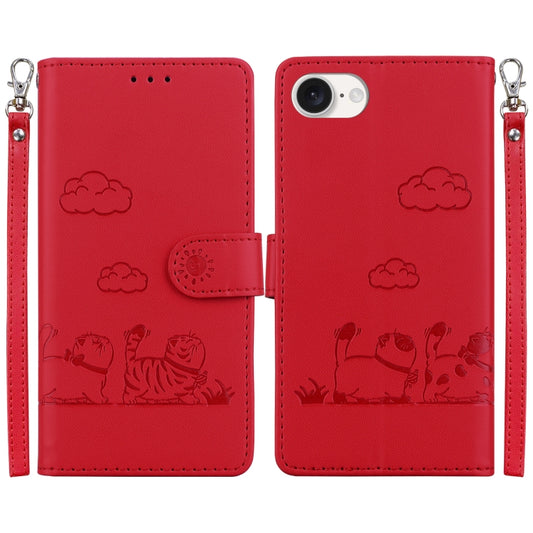 For iPhone 16e Cute Cats RFID Leather Phone Case(Red) - iPhone 16e Cases by PMC Jewellery | Online Shopping South Africa | PMC Jewellery | Buy Now Pay Later Mobicred