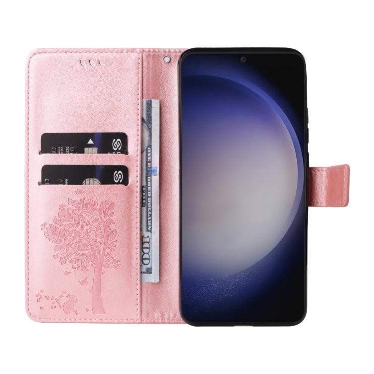 For Samsung Galaxy S25+ / S24+ 5G Tree & Cat Embossed Pattern Flip Leather Phone Case(Rose Gold) - Galaxy S25+ 5G Cases by PMC TechLife | Online Shopping South Africa | PMC TechLife | Buy Now Pay Later Mobicred