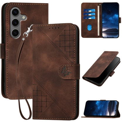 For Samsung Galaxy S25+ 5G YX0080 Grid Butterfly Embossed Pattern Flip Leather Phone Case with Lanyard(Coffee) - Galaxy S25+ 5G Cases by PMC Jewellery | Online Shopping South Africa | PMC Jewellery | Buy Now Pay Later Mobicred