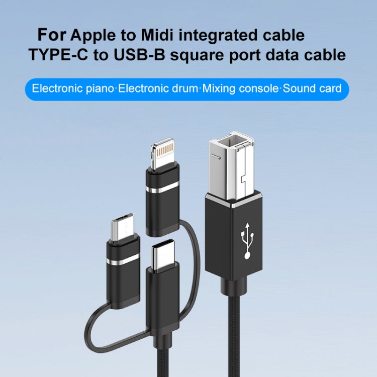 3 in 1 8 Pin, Type-C, Micro USB to USB-B MIDI Instruments Printer Cable, Length: 1m, Length:1m(Black) - Multifunction Cable by PMC Jewellery | Online Shopping South Africa | PMC Jewellery | Buy Now Pay Later Mobicred