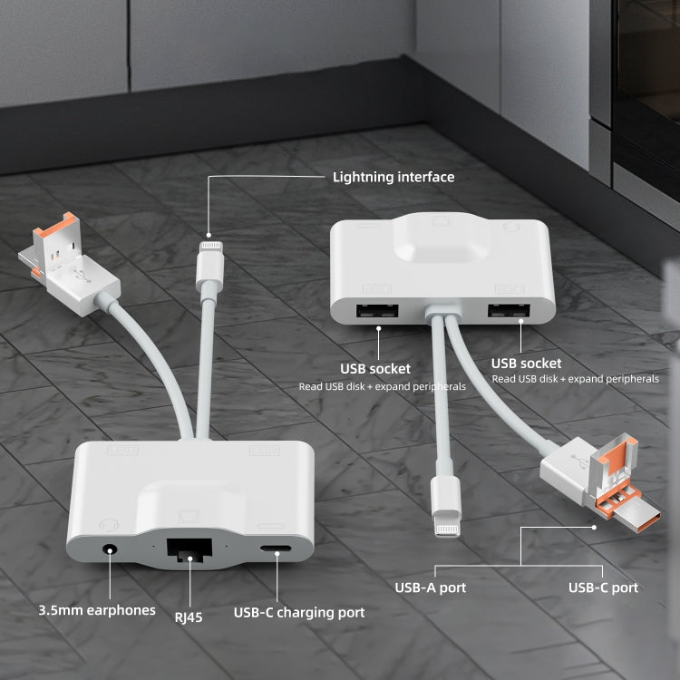 NK-1033TL Pro USB-C / Type-C, 8 Pin, USB to USB-C / Type-C, 2 x USB, RJ45, 3.5mm Multi-function Adapter(White) - Converter & Adapter by PMC Jewellery | Online Shopping South Africa | PMC Jewellery | Buy Now Pay Later Mobicred