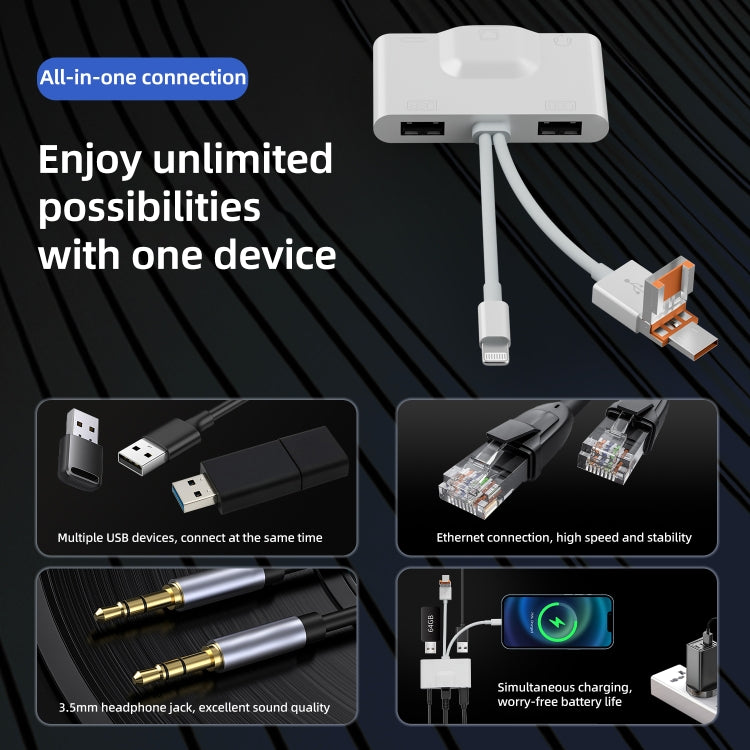 NK-1033TL Pro USB-C / Type-C, 8 Pin, USB to USB-C / Type-C, 2 x USB, RJ45, 3.5mm Multi-function Adapter(White) - Converter & Adapter by PMC Jewellery | Online Shopping South Africa | PMC Jewellery | Buy Now Pay Later Mobicred