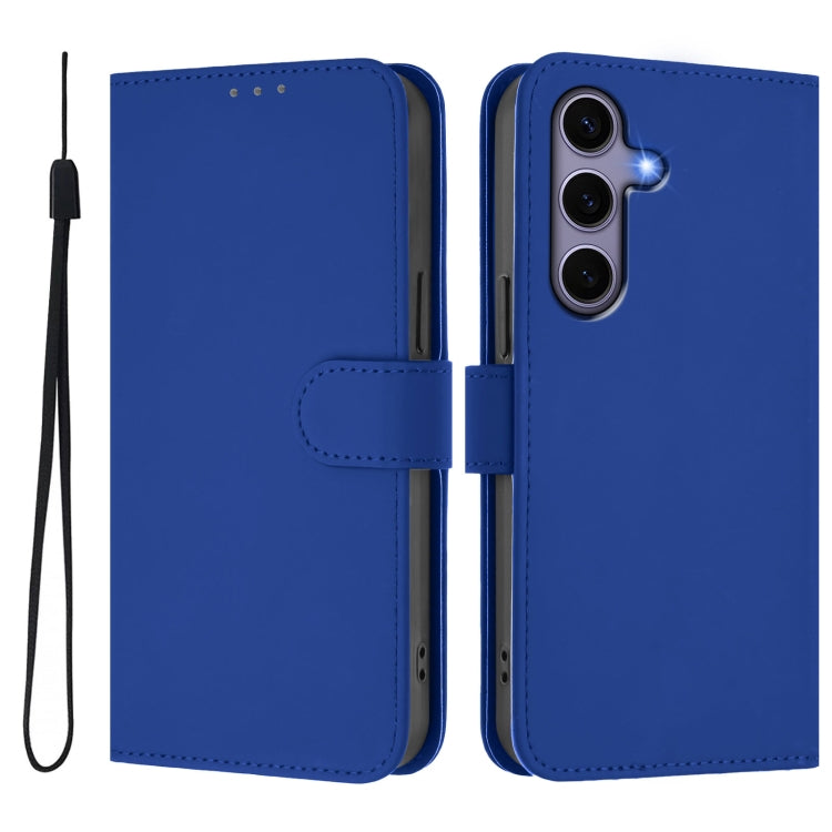 For Samsung Galaxy S25 5G Skin Feel Solid Color Leather Phone Case with Lanyard(Dark Blue) - Galaxy S25 5G Cases by PMC Jewellery | Online Shopping South Africa | PMC Jewellery | Buy Now Pay Later Mobicred