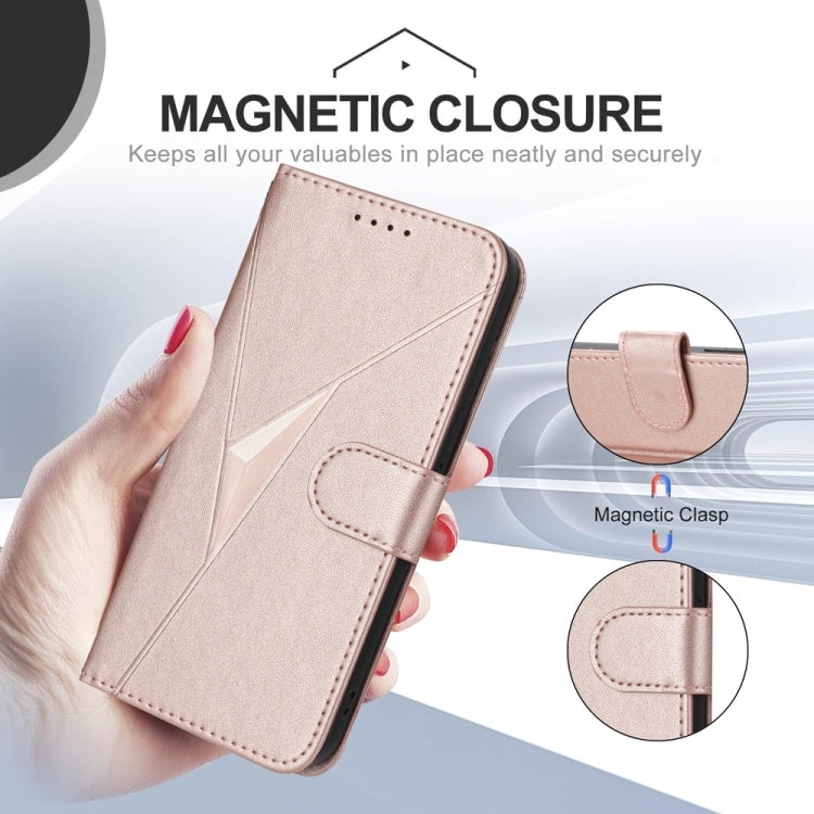 For iPhone 16e Triangle Pattern Buckle Clasp Leather Phone Case(Rose Gold) - iPhone 16e Cases by PMC TechLife | Online Shopping South Africa | PMC TechLife | Buy Now Pay Later Mobicred