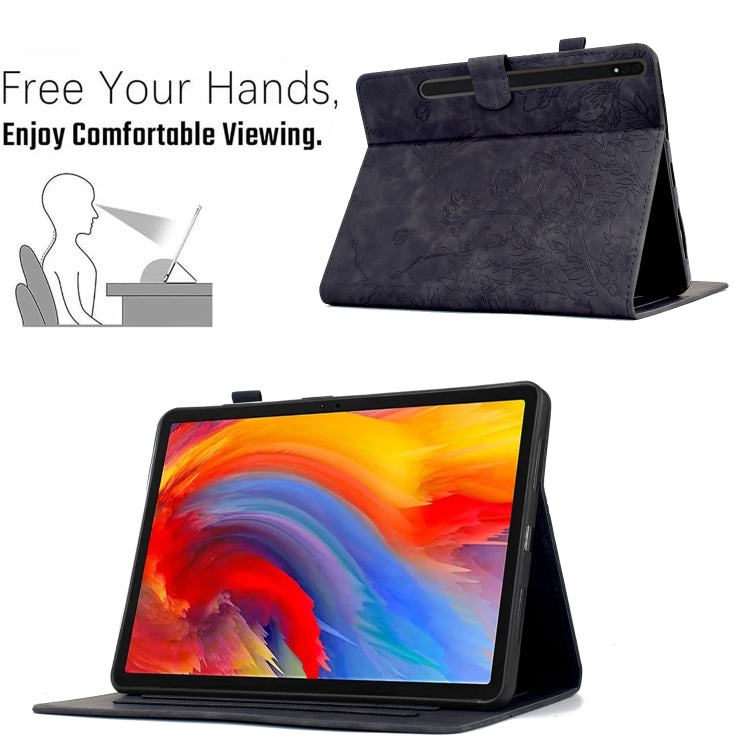 For Samsung Galaxy Tab S9 Flowers and Bird Embossed Smart Leather Tablet Case(Black) - Galaxy Tab S9 Cases by PMC Jewellery | Online Shopping South Africa | PMC Jewellery | Buy Now Pay Later Mobicred