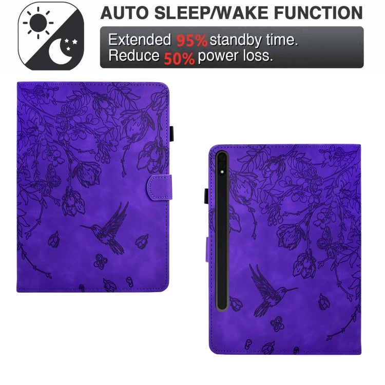 For Samsung Galaxy Tab S9 Flowers and Bird Embossed Smart Leather Tablet Case(Purple) - Galaxy Tab S9 Cases by PMC Jewellery | Online Shopping South Africa | PMC Jewellery | Buy Now Pay Later Mobicred