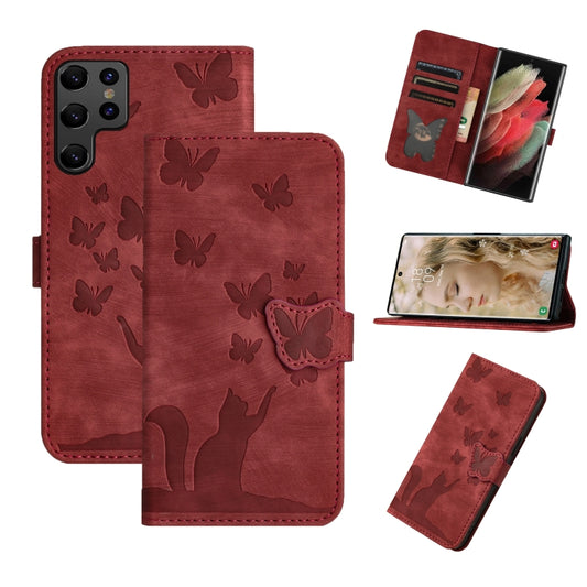 For Samsung Galaxy S25 Ultra 5G Butterfly Cat Embossing Flip Leather Phone Case(Red) - Galaxy S25 Ultra 5G Cases by PMC Jewellery | Online Shopping South Africa | PMC Jewellery | Buy Now Pay Later Mobicred