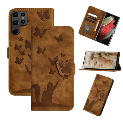 For Samsung Galaxy S25 Ultra 5G Butterfly Cat Embossing Flip Leather Phone Case(Brown) - Galaxy S25 Ultra 5G Cases by PMC Jewellery | Online Shopping South Africa | PMC Jewellery | Buy Now Pay Later Mobicred