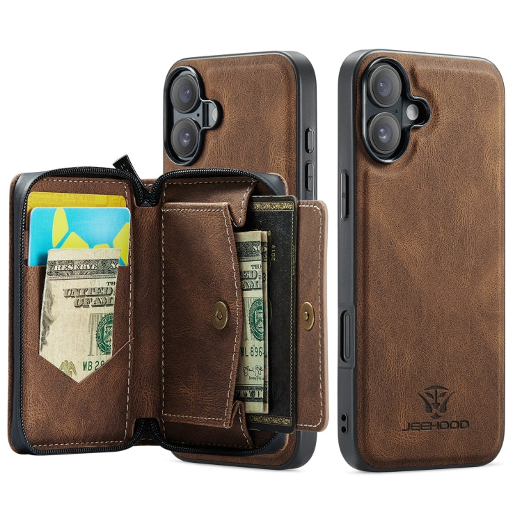 For iPhone 16 Plus JEEHOOD J02 Magnetic Zipper Horizontal Flip Leather Phone Case(Brown) - iPhone 16 Plus Cases by JEEHOOD | Online Shopping South Africa | PMC Jewellery | Buy Now Pay Later Mobicred