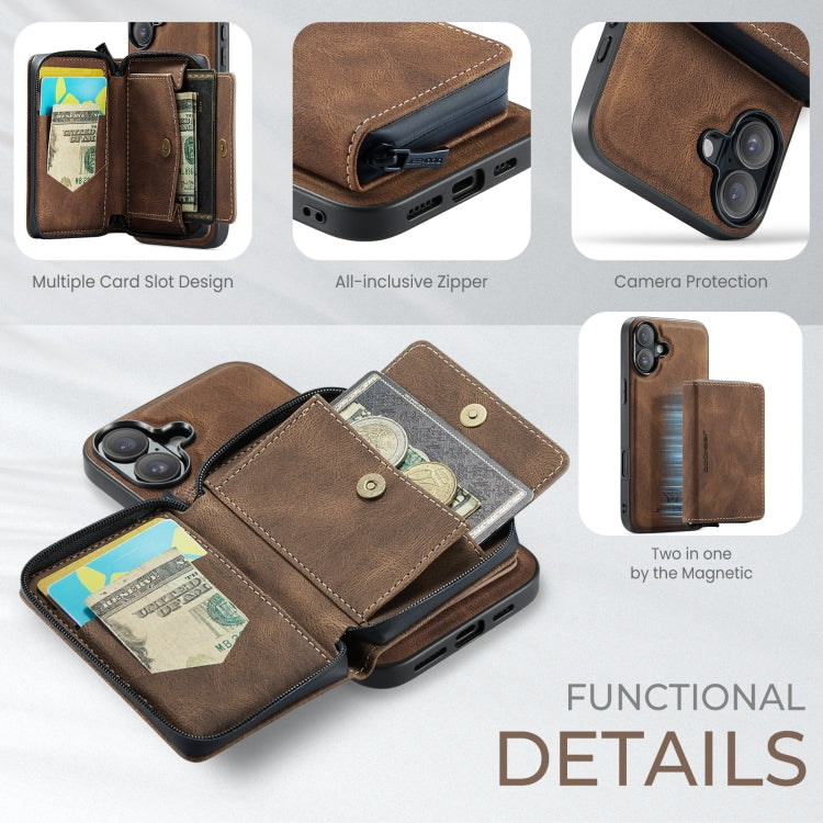 For iPhone 16 JEEHOOD J02 Magnetic Zipper Horizontal Flip Leather Phone Case(Brown) - free shipping - PMC Jewellery - Order now!