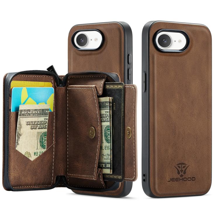 For iPhone 16e JEEHOOD J02 Magnetic Zipper Horizontal Flip Leather Phone Case(Brown) - free shipping - PMc TechLife - Order now!