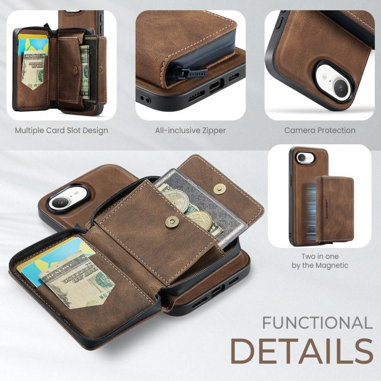 For iPhone 16e JEEHOOD J02 Magnetic Zipper Horizontal Flip Leather Phone Case(Brown) - free shipping - PMc TechLife - Order now!