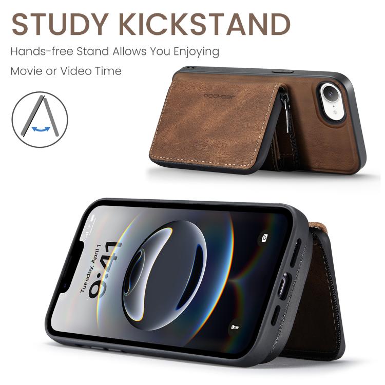For iPhone 16e JEEHOOD J02 Magnetic Zipper Horizontal Flip Leather Phone Case(Brown) - free shipping - PMc TechLife - Order now!