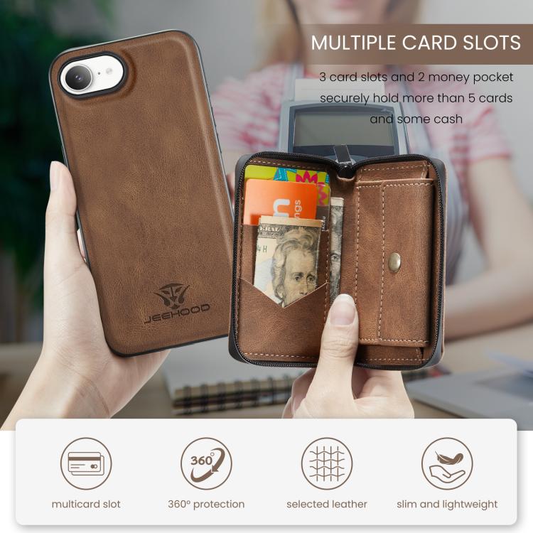 For iPhone 16e JEEHOOD J02 Magnetic Zipper Horizontal Flip Leather Phone Case(Brown) - free shipping - PMc TechLife - Order now!