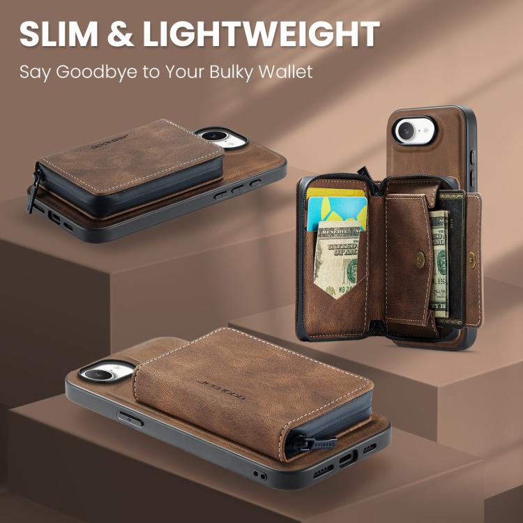 For iPhone 16e JEEHOOD J02 Magnetic Zipper Horizontal Flip Leather Phone Case(Brown) - free shipping - PMc TechLife - Order now!